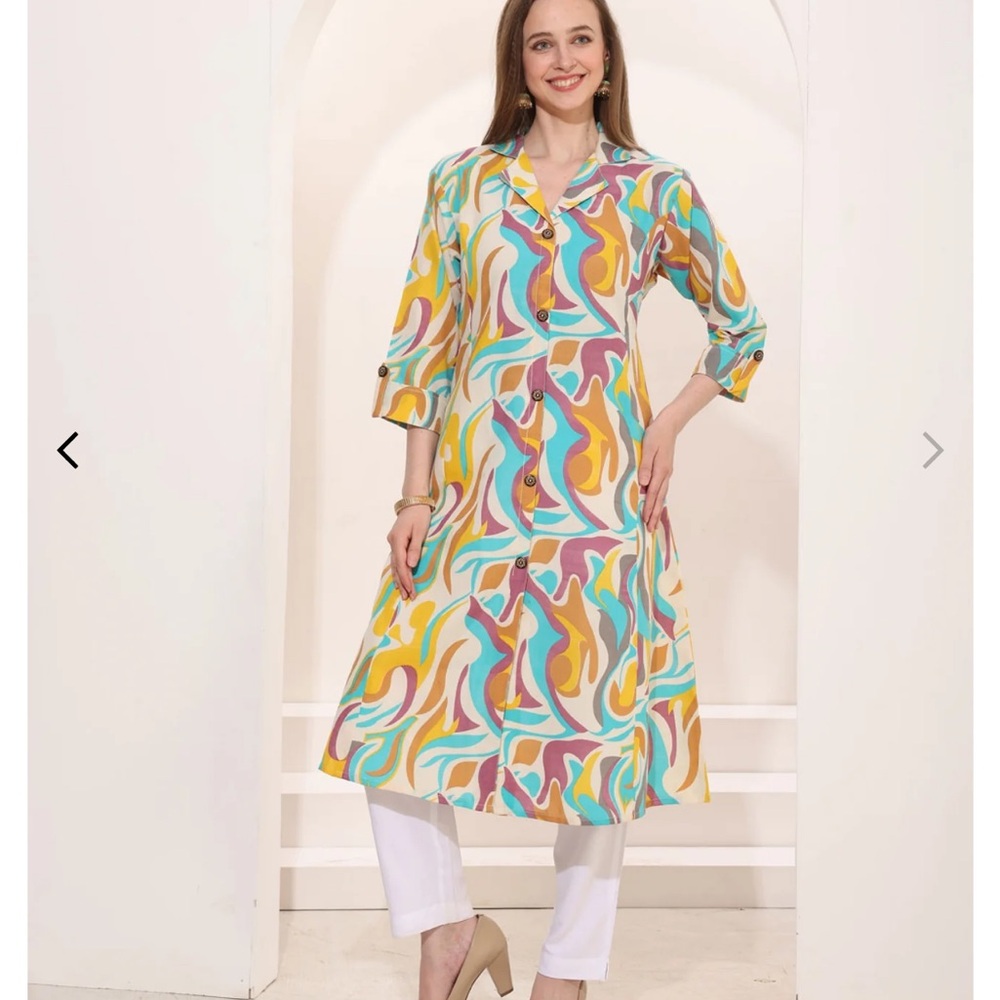 Linen vintage Abstract Print Midi Dress by Paaie M 8 10 UNIQUE 70's retro kurta